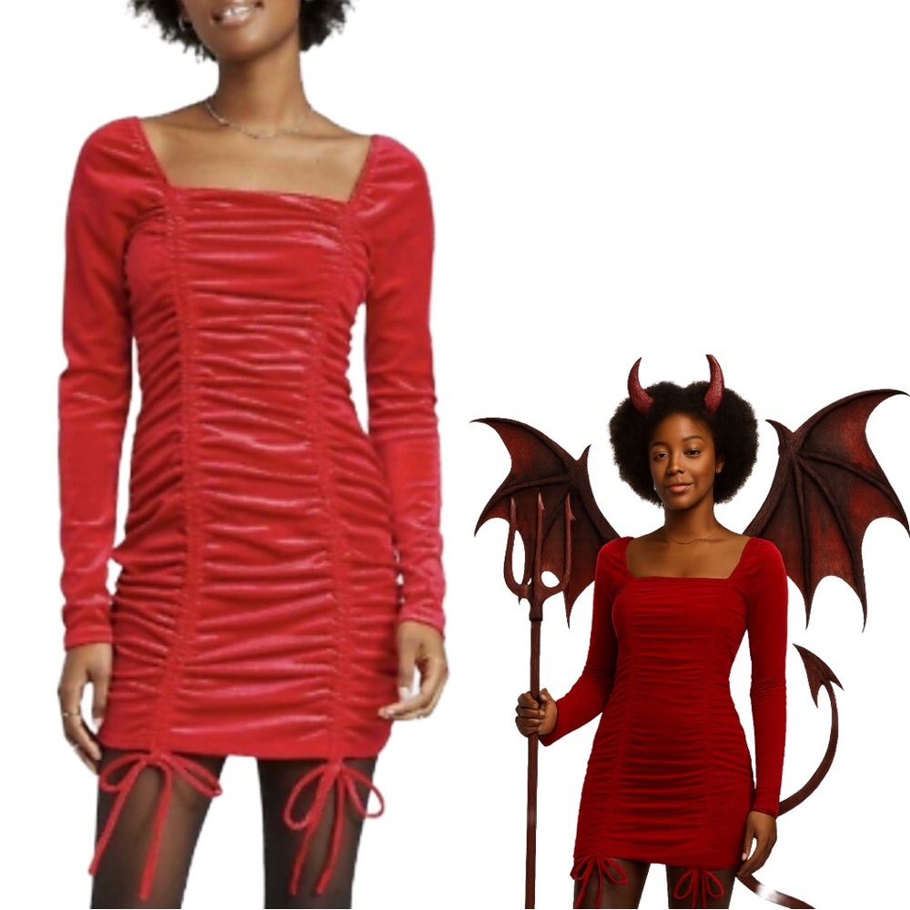 Wild Fable Long Sleeve Ruched Velvet Bodycon Dress Costume Red